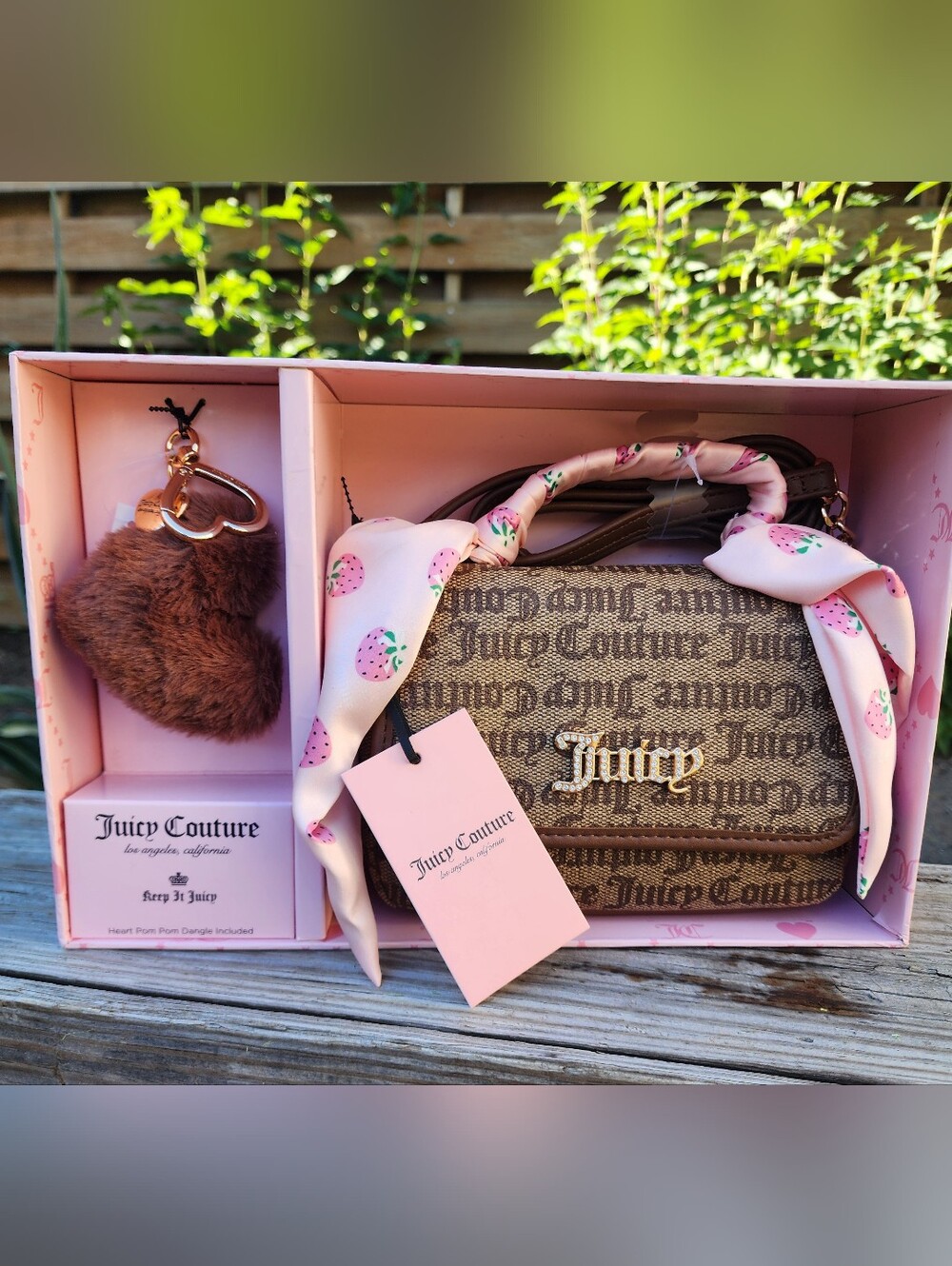 Juicy Couture Brown Monogram Crossbody with Pink Strawberry Scarf Accent